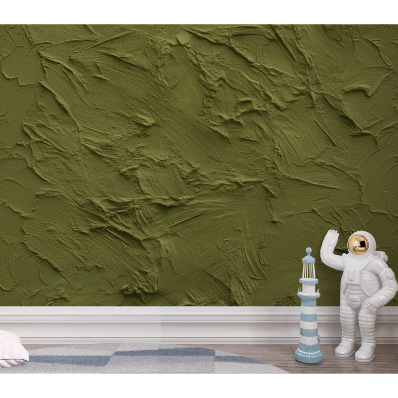 Papier peint texture de plâtre vert mousse | Peler et coller abstrait chaud | Effet mural en argile rustique | Murale moderne texturée 422DRE