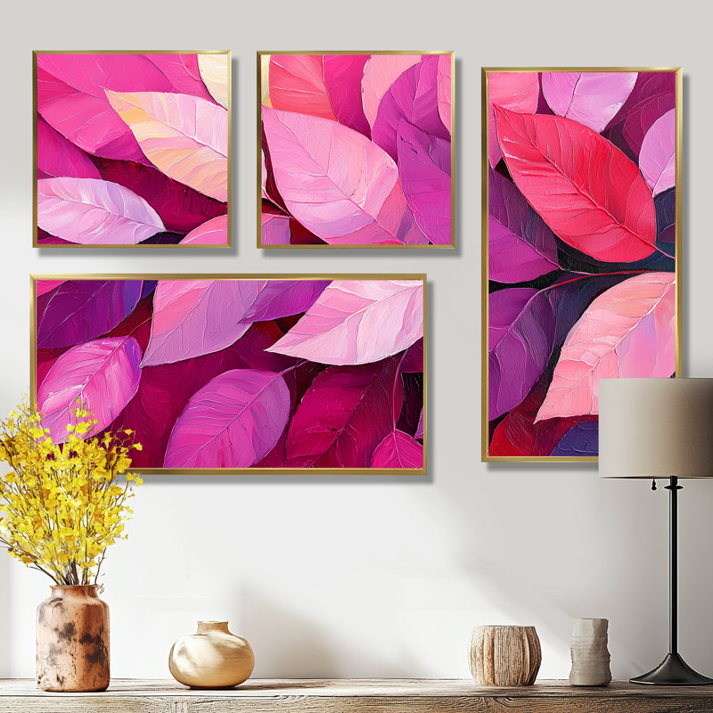 Feuilles magenta Blosoom III - art mural floral grand 4 pièces, Impression encadrée sans passe-partout, Doré