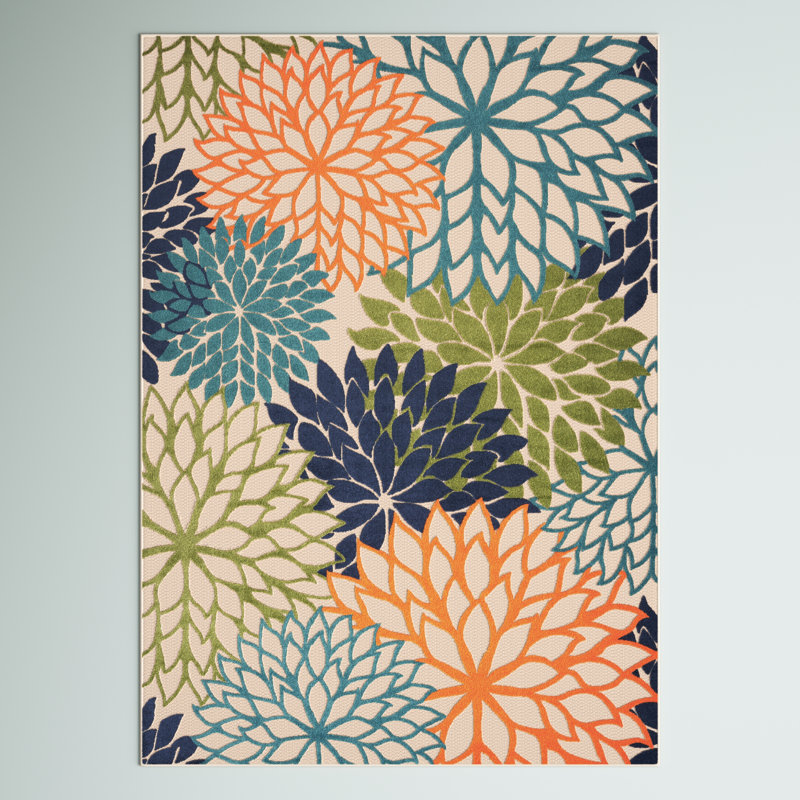 Alsaedi Floral Green/Blue/Orange Area Rug, Rectangle 5'3" x 7'5"