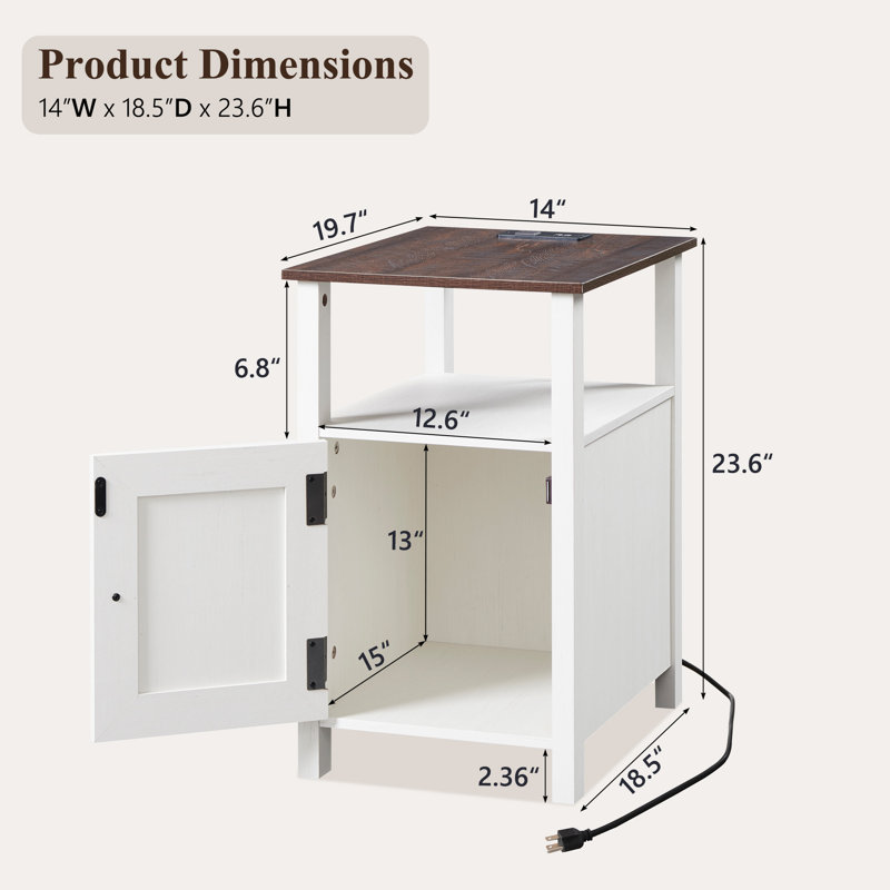 Nightstand  with Charging Station, w/Storage Space, with Groove Barn Door & Open Shelves for Bedroom, White
