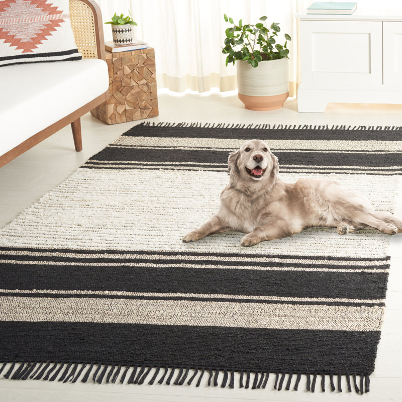 Pierceton Natural Fiber Hand Woven Cottn/Jute Striped Rug in Ivory/Black, Rectangle 6' x 9'