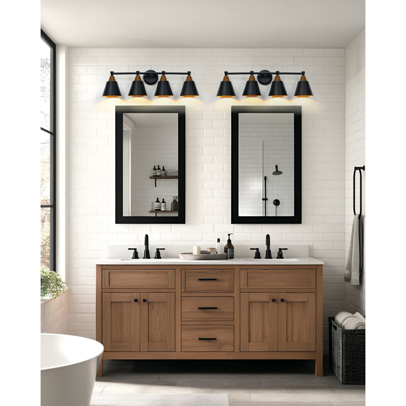 30" 4-Light Vanity Light with Hammered Metal Shade and Faux Wood Grain, 4