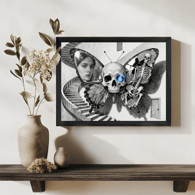 Black Framed Vintage Skeleton Butterfly, Life and Death Wall Art Retro Style Framed Prints