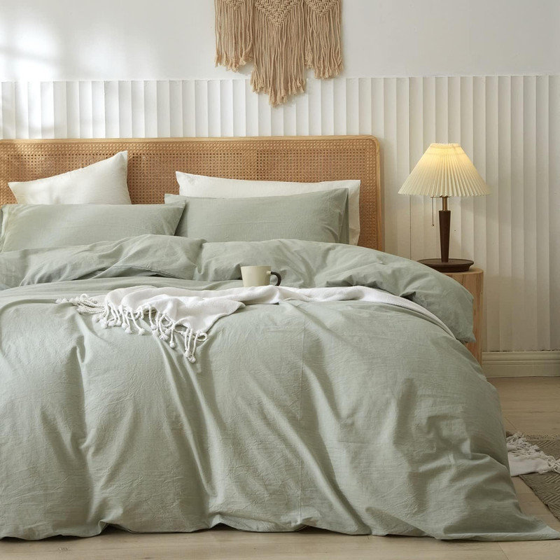Ensemble de housse de couette 100% coton délavé LifeTown, Housse de couette grand + 2 taies d'oreiller, Vert sauge