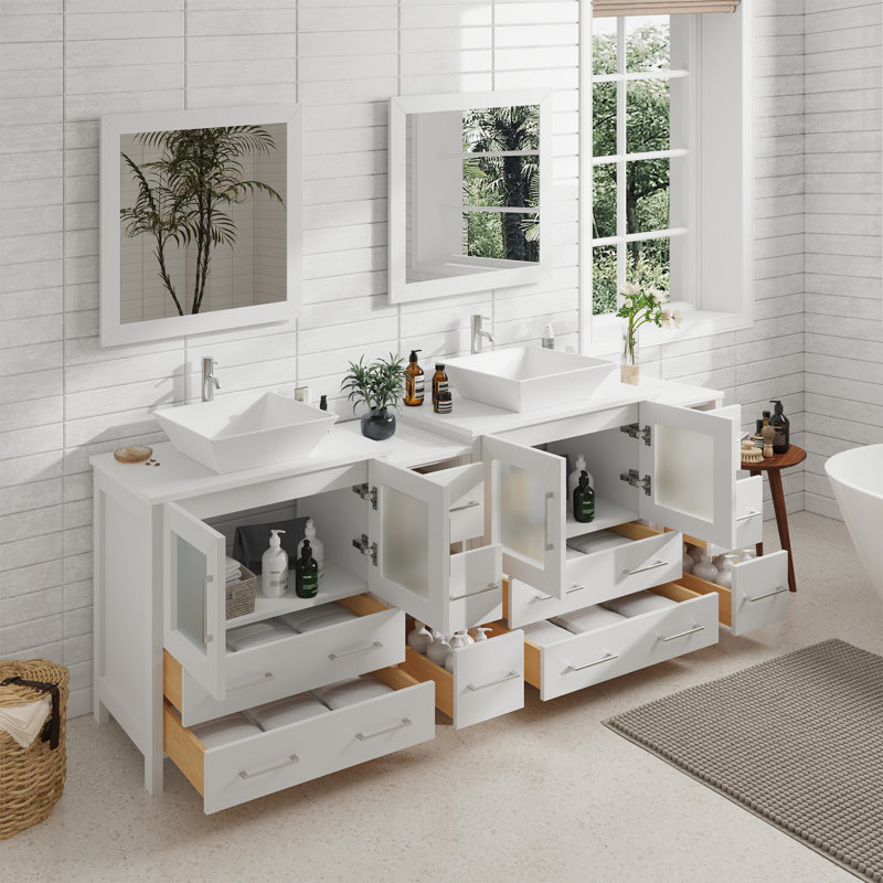  Modern 84" Double Bathroom Vanity Set with Mirror, White