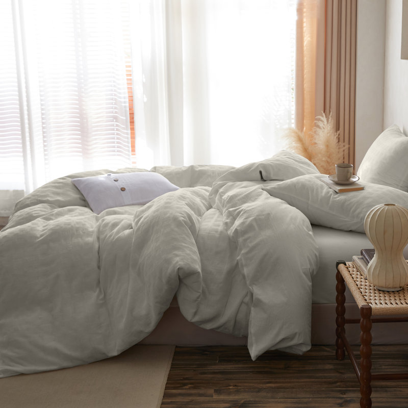 100% Waffle Weave Cotton Duvet Cover Set, Twin, Cream Grey