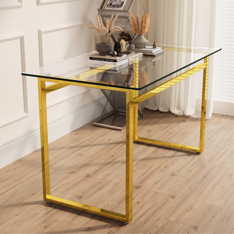 Table de salle à manger de 51 po en verre trempé pour 4-6 pieds dorés, bureau à domicile de style contemporain et rectangulaire avec ameublement élégant en métal