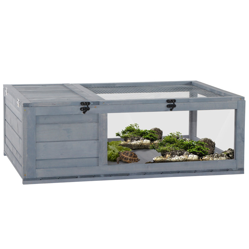 Tortoise House with Mesh Roof Small Pet Reptile Wooden House - Grey