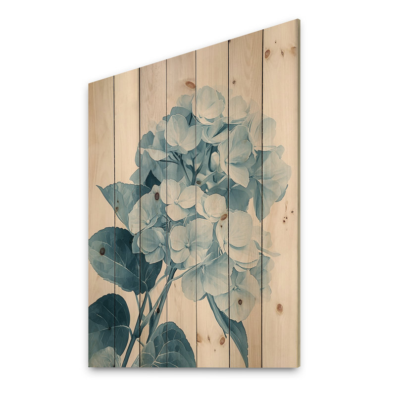 Hortensias monochromes dans l'ombre du jardin I - impression d'hortensias sur bois de pin naturel