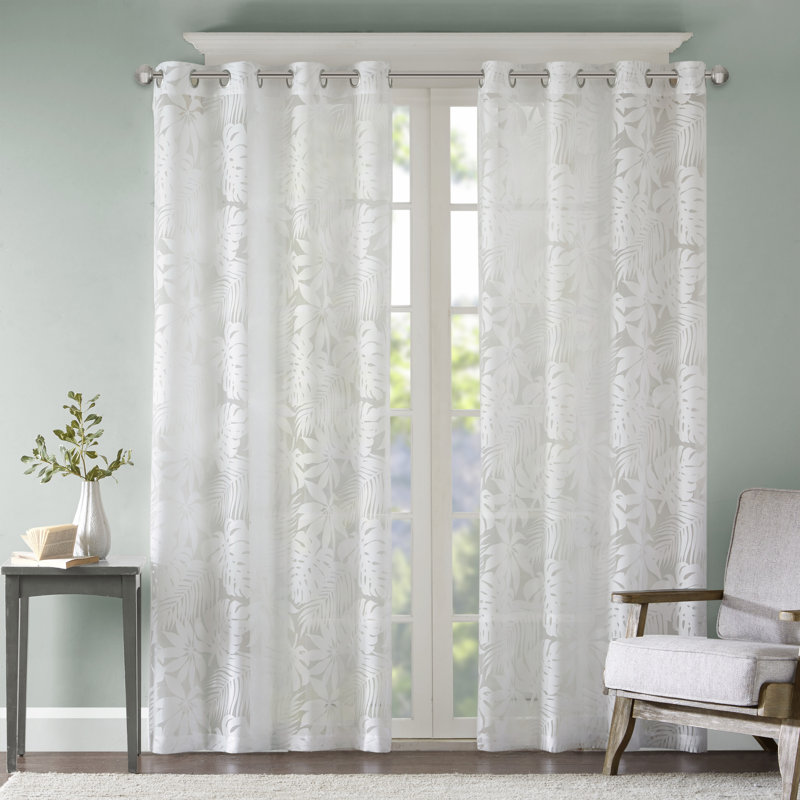 Leilani Palm Leaf Burnout Single Window Sheer, 50" W x 84" L, White