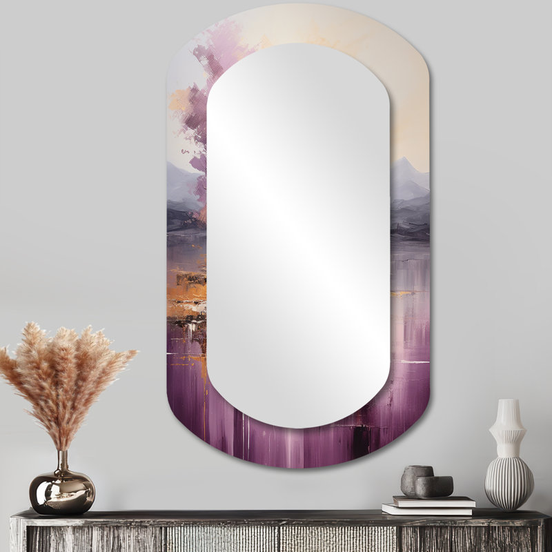 Purple and gold mountain landscape IV - Landscapes Asymmetrical Mirror, Purple Cylinder Unique Wall Mirror, Printed Metal Art