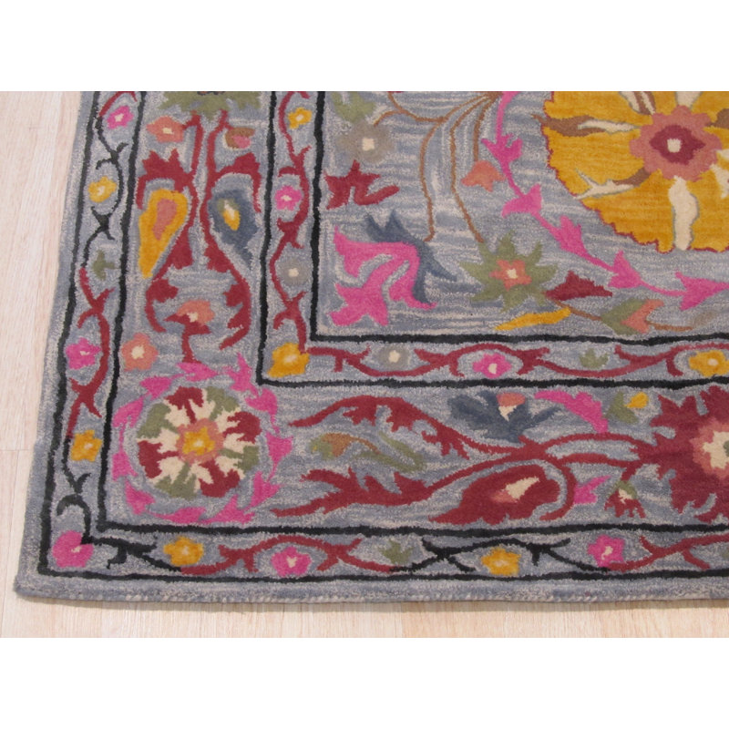 Hand Tufted Wool Floral Area Rug in Blue, 8' x 10'