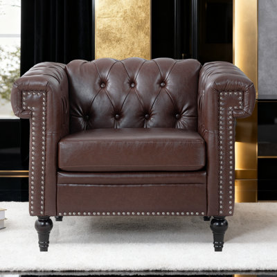 Canapé en cuir de polyuréthane 1 place 39 po avec accoudoirs roulés et garniture cloutée Chesterfield