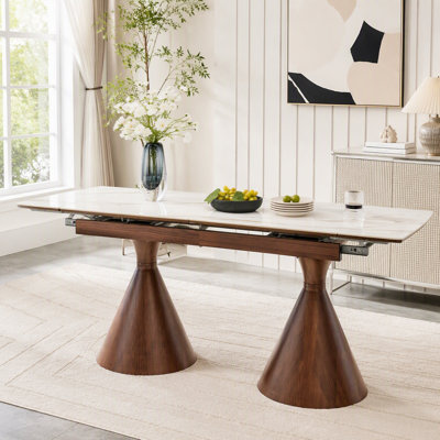 Extendable Dining Table with Stone Top and Tapered Metal Legs