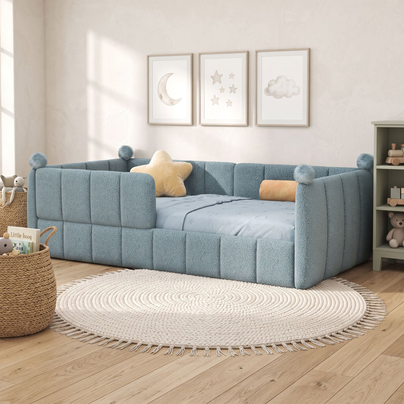 Lit de plancher rembourré doux avec conception de barrière douce pour une sécurité accrue, Lit simple, Bleu