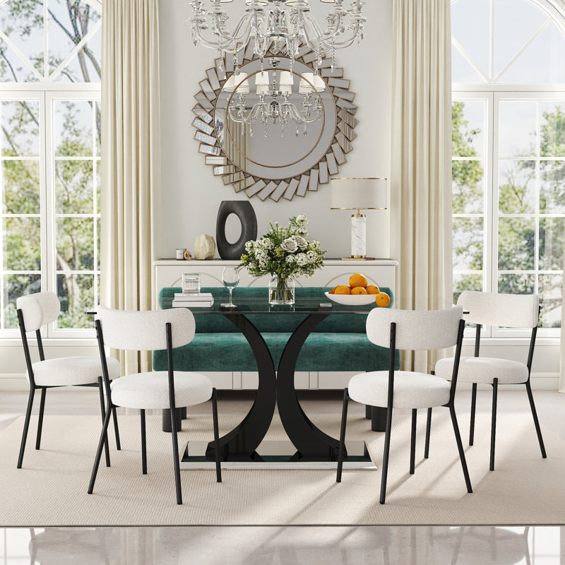 Ensemble de salle à manger moderne 3/5 PCS, table en verre trempé, 2/4 chaises en peluche et banc pour cuisine / salon, Vert