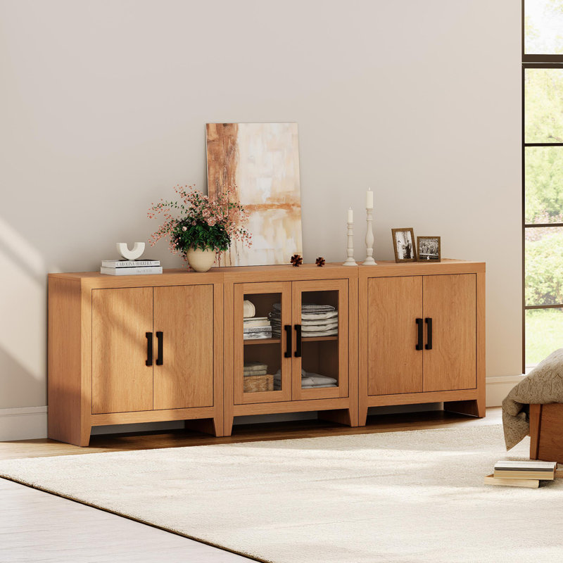 Eaton 3-Piece Modular Sideboard With Glass & Wood Doors, Farmhouse Storage Cabinet With Drawers, Weathered  Console For Dining Room, Living Room, Or Hallway,