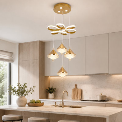 Lustre suspendu moderne à 4 têtes avec anneau en boucle et luminaire suspendu contemporain à DEL pour salle à manger