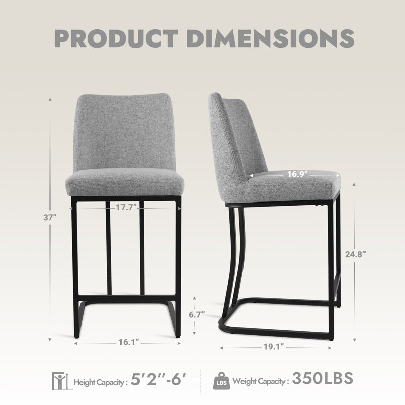 Modern Upholstered Counter & Bar Stool with Backs Set of 2, Light Gray