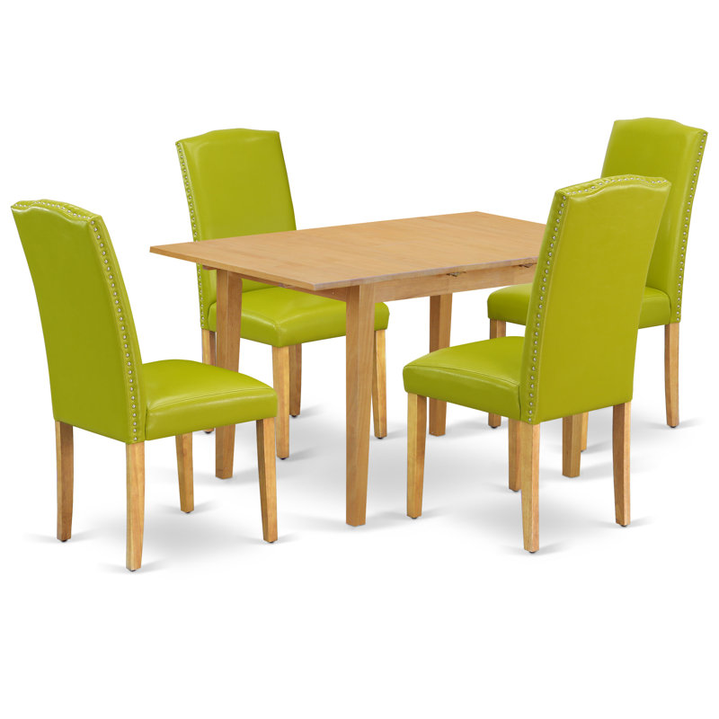 5 Piece Dinette Set Includes a Rectangle Dining Room Table with Butterfly Leaf and 4 Autumn Green Faux Leather Upholstered Chairs, Oak