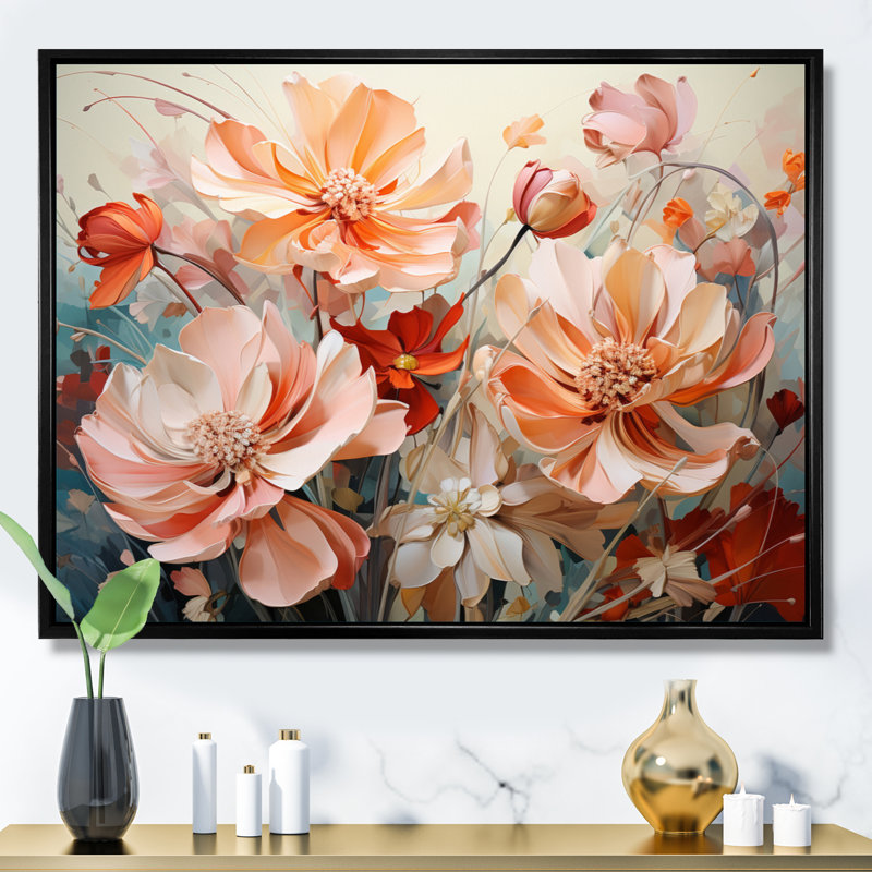 Coral Petal Symphony I - Abstract Botanicals, art mural, Cadre flottant noir, H 12 po x l 20 po x P 1 po