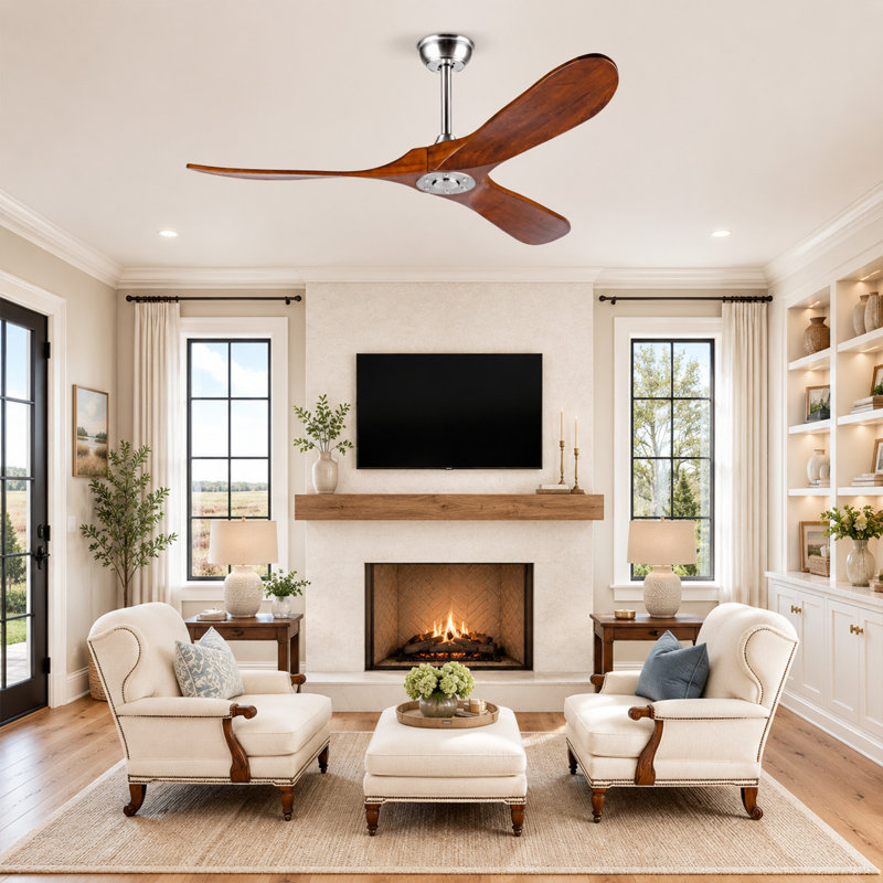 Ventilateur de plafond en bois massif à 52 pales de 52 pouces, finition noyer, sans lumière, ventilateur extérieur résistant à l'eau avec télécommande pour véranda de patio
