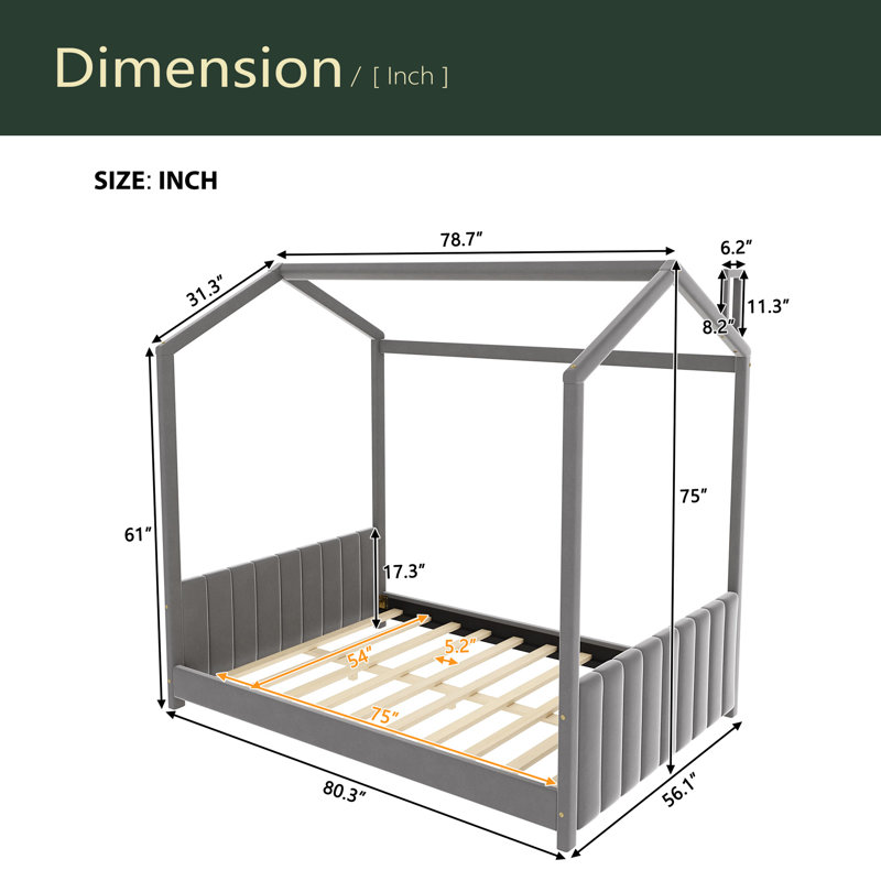 Velvet House Bed Wood Bed, Gray, Full