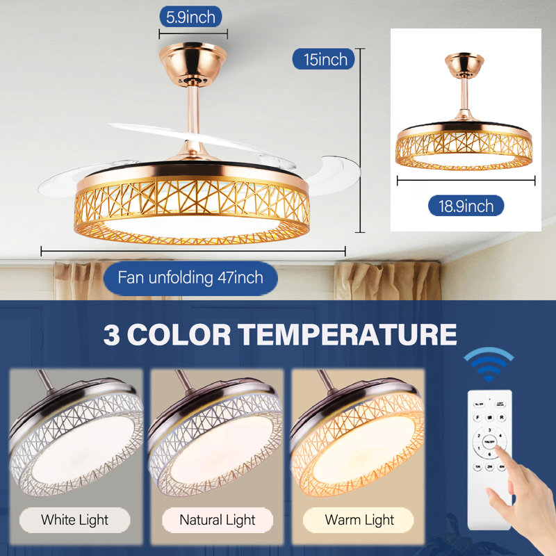 Lustre de 42 po avec lumière DEL à intensité variable et télécommande, lampe ventilateur moderne en or, silencieux et réversible 6 vitesses DC Fandelier