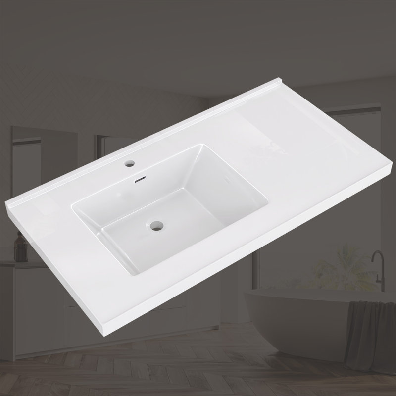 Dessus de meuble-lavabo simple 42 po x P 22 po avec comptoir simple en résine et comptoir de salle de bain rectangulaire en pierre blanche avec drain à gauche et trou de robinet pré-percé