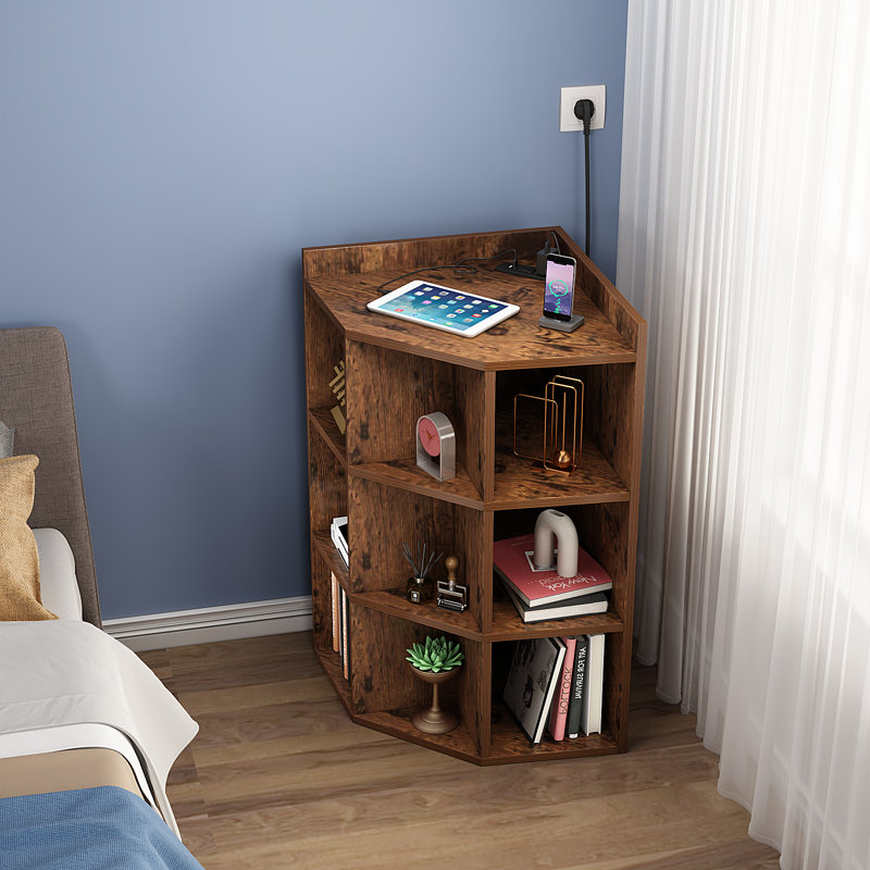 3-Tier Corner Cabinet Storage with USB Ports and Outlets,Corner Cube Storage Organizer for Small Spaces,Retro, Brown