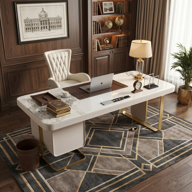 Bureau de direction moderne et luxueux de 180 cm (70,87 po) avec 5 tiroirs de rangement, station de recharge intégrée, plateau en pierre frittée brillante et piètement en acier inoxydable doré