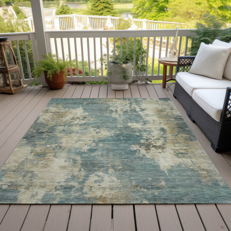 Tapis bleu sarcelle lavable à la machine intérieur / extérieur Xhevrie, Rectangulaire 3 pi x 5 pi