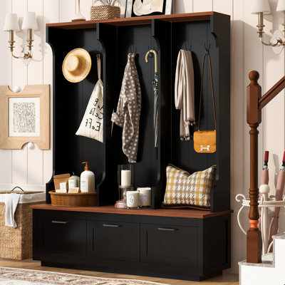 59.1"W Hall Tree with Storage Bench and 6 Coat Hooks, 3 Drawers, Modern Farmhouse, Entryway and Mudroom