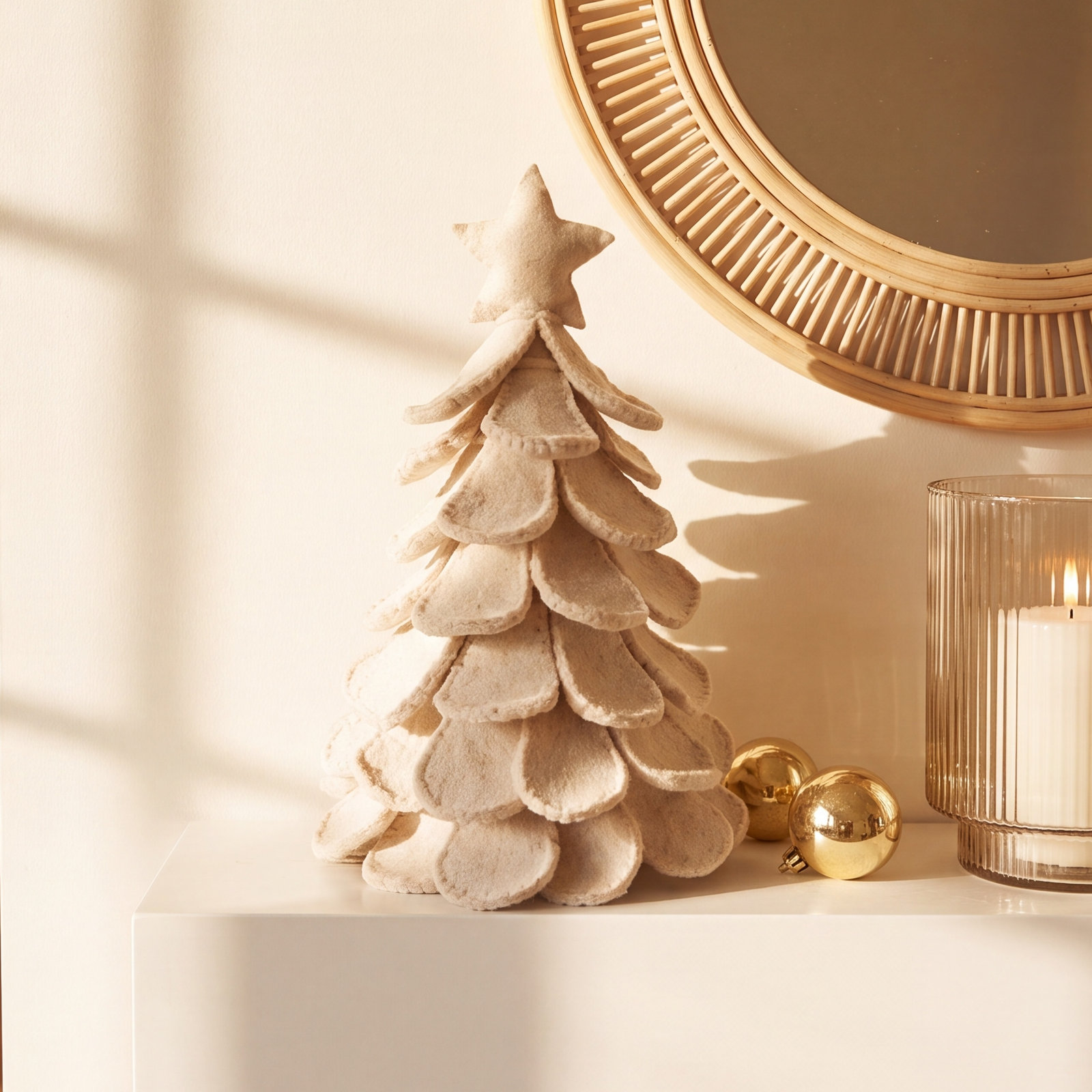 Handmade Cream Tabletop Christmas Tree in Hand Felted Wool, 14" H x 7.5" W x 7.5" D