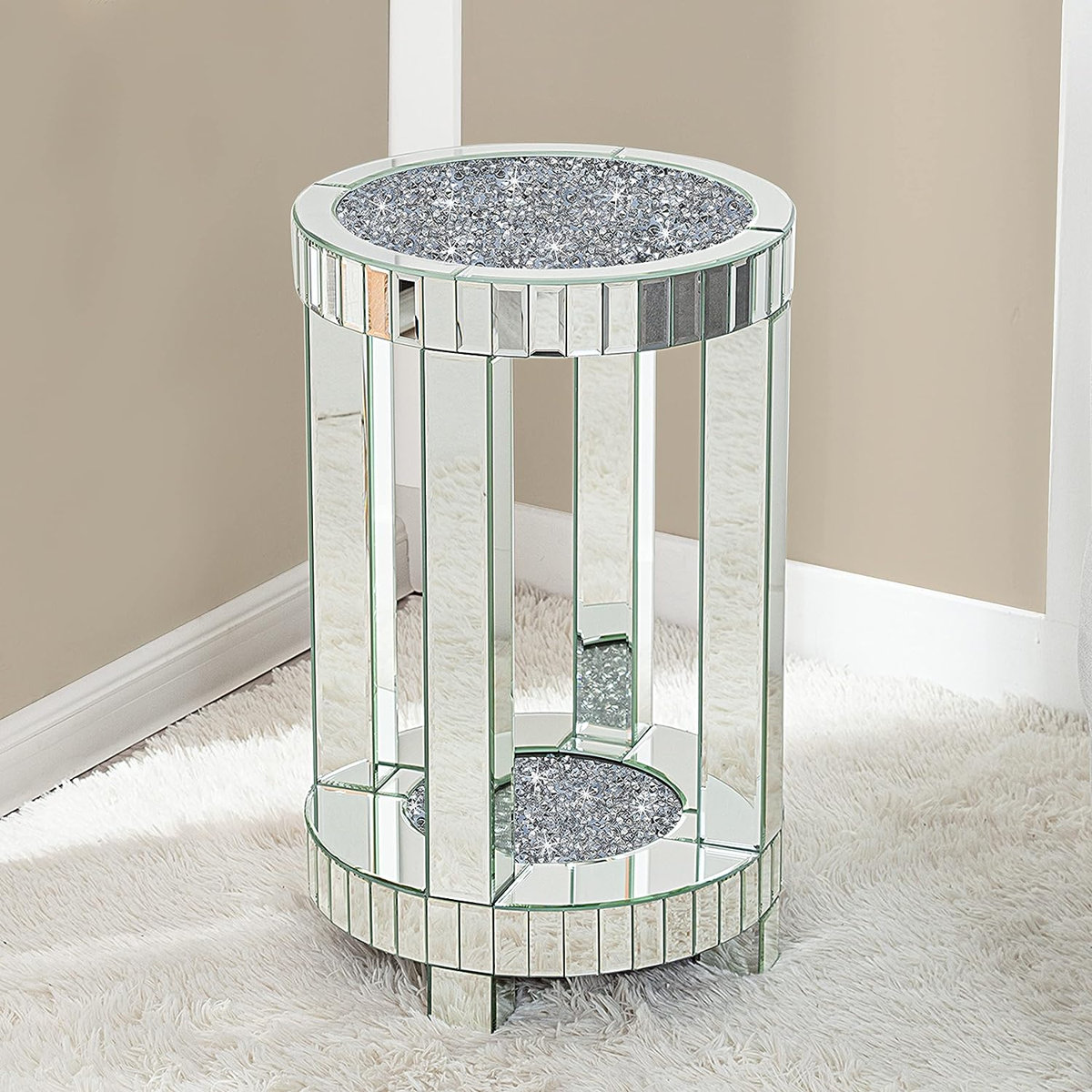 Amla 22'' Tall Mirrored Round Frame End Table with Storage