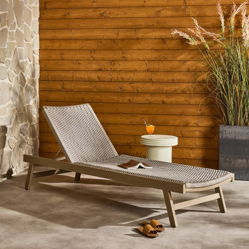 Neecy Outdoor Teak Wood Chaise Lounge, Washed Brown/Gray