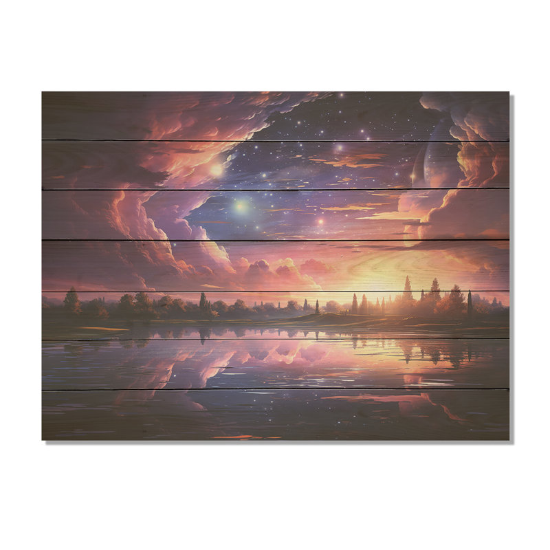 «Pink Moon Sunrise Space Landscape II», impression de paysage abstrait sur bois, H 30 po x l 40 po x P 0,78 po