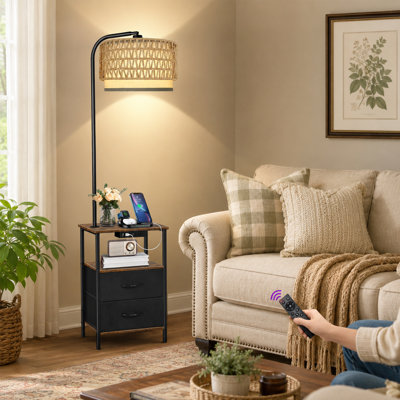 63.19" Floor Lamp With Table And Remote Control Wicker Double Lampshade End Table