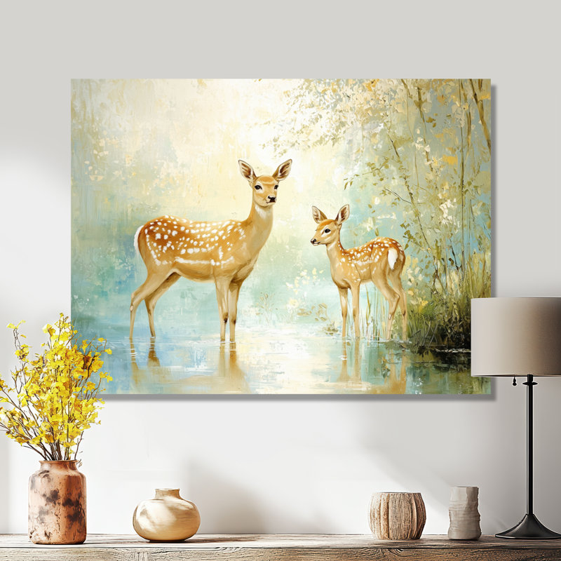 Famille de chevreuils au bord de la rivière - animaux, impression murale en métal, H 30 po x l 40 po