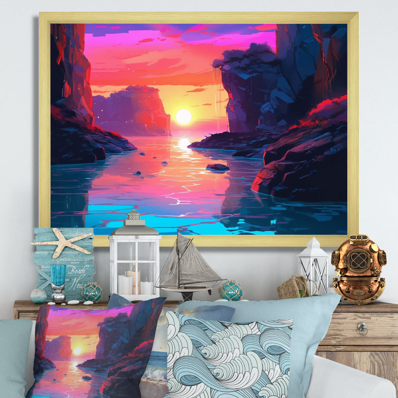 «Sunset's Embrace At The Beach II», reproduction sur toile, H 16 po x l 32 po x P 1 po, Encadrement doré