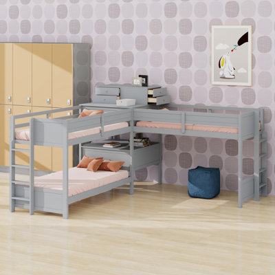 L-Shaped Bunk Bed with Built-in Desk and 4 Storage Drawers, Space-Saving Design