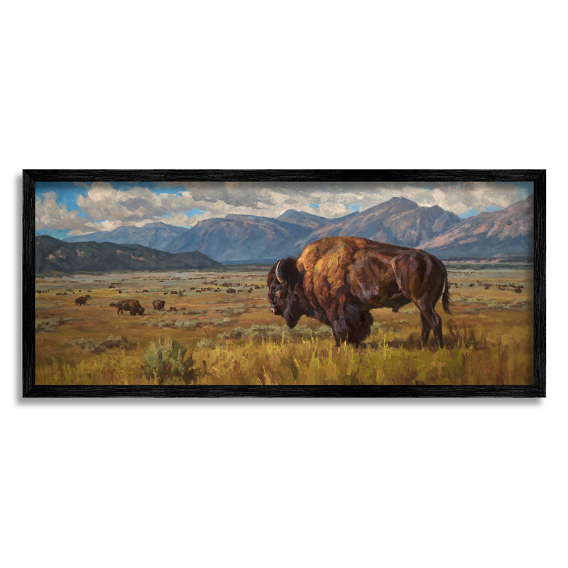 Bison qui broute dans la vallée, encadré sur bois par © Chad Poppleton, peinture, Giclée encadrée noir minuit