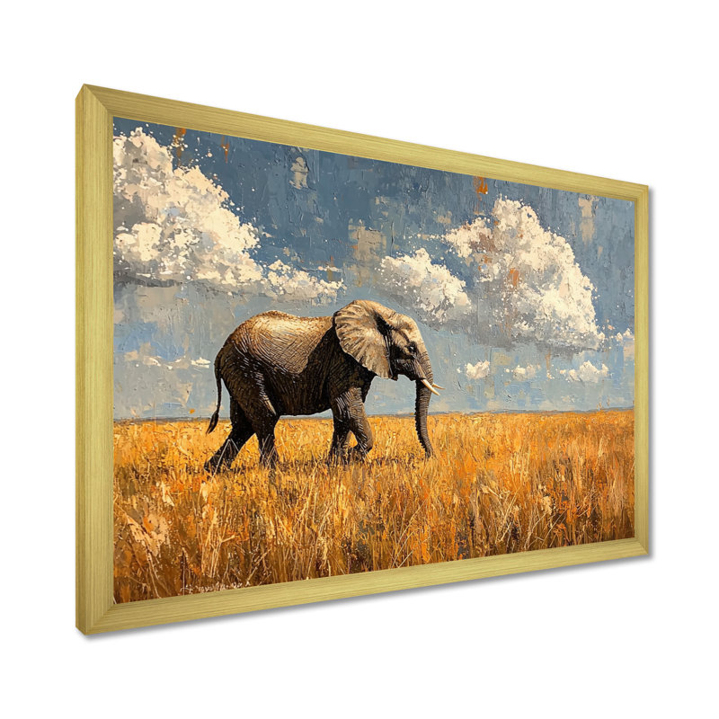 Éléphant Gullickson dans les plaines d'Afrique III - éléphant, art mural, H 12 po x l 20 po, Avec cadre, Doré