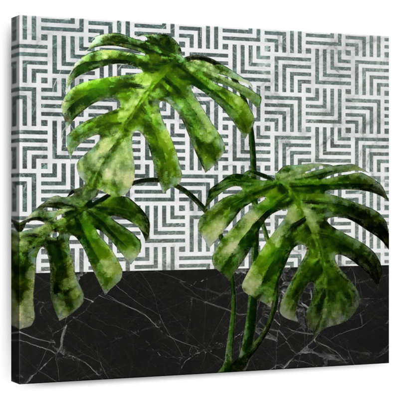 Harnek Monstera feuilles sur marbre noir et carreaux, H 36 po x l 36 po