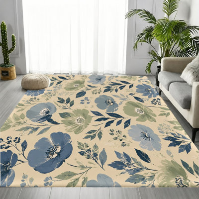 Tapis à motif floral aquarelle bleu vert, motif de feuillage doux et élégant, tapis antidérapant doux et durable lavable à la machine, décoration intérieure artistique élégante pour le salon, la chambre à coucher, le vestibule, la porte d'entrée, la cuisine, le balcon et l’appartement