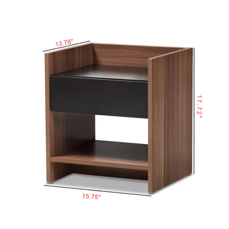 Table de chevet à finition bicolore noyer et noir Yamir, H 17,72 po x l 15,75 po x P 13,78 po