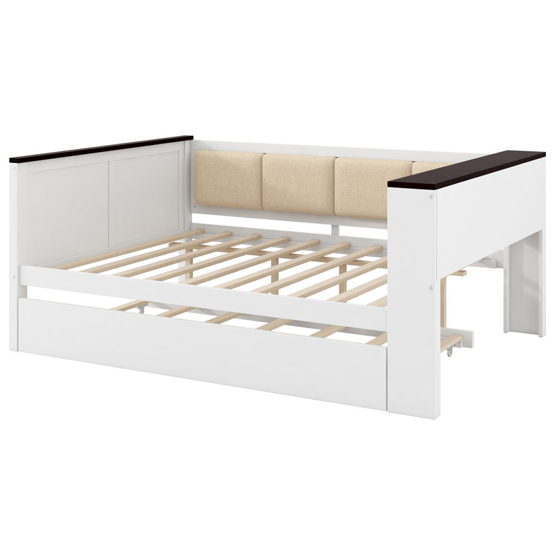Full Size Wood Daybed with Storage Shelves, Upholstered Backrest, USB and Trundle, White, Full/Double