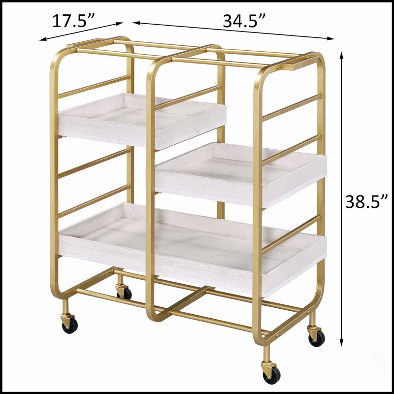 Gold and Washed Serving Cart with 3 Adjustable Trays, Perfect for Entertaining and Dining