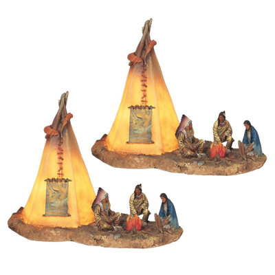 "2-PC Set" ICE ARMOR 8"W Native Americans with LED Lighting Indian Tent Figurine Figurine Statue Ornament Home/Room Decor and Perfect Gift Ideas for House Warming, Holidays and Birthdays Great Collectible Addition
