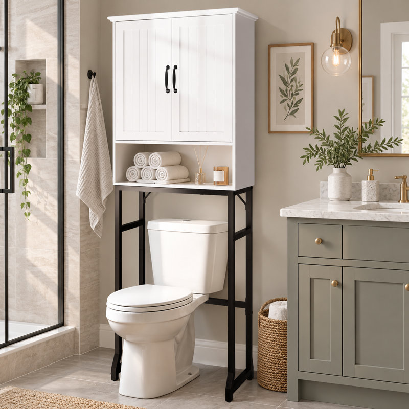 Meuble de salle de bain gain de place de style ferme moderne de 64,3 cm de large, à placer au-dessus des toilettes, avec portes, blanc